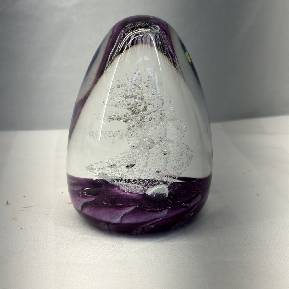 Signed Selkirk Large Art Glass Egg Paperweight Clear Swirl 3.75" Tall Scotland